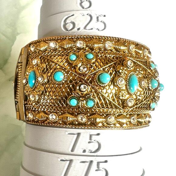 Gold-Tone Turquoise & Crystal Clamper Cuff Bracelet - Picture 5 of 8